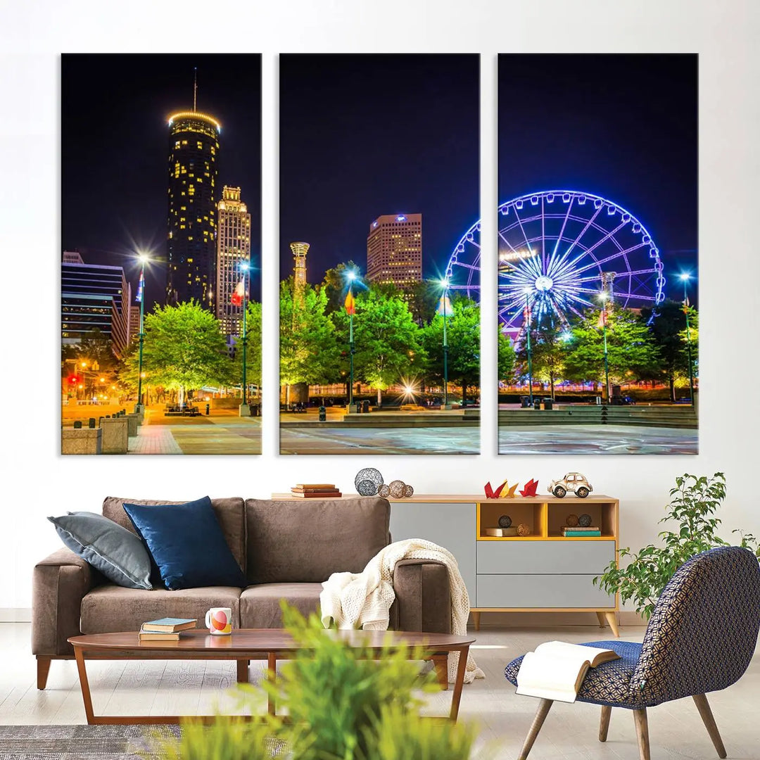 The Atlanta City Night Ferris Wheel Cityscape View Wall Art Canvas Print, crafted on museum-quality polycotton canvas with gallery-wrapped edges for an elegant finish, is beautifully displayed.