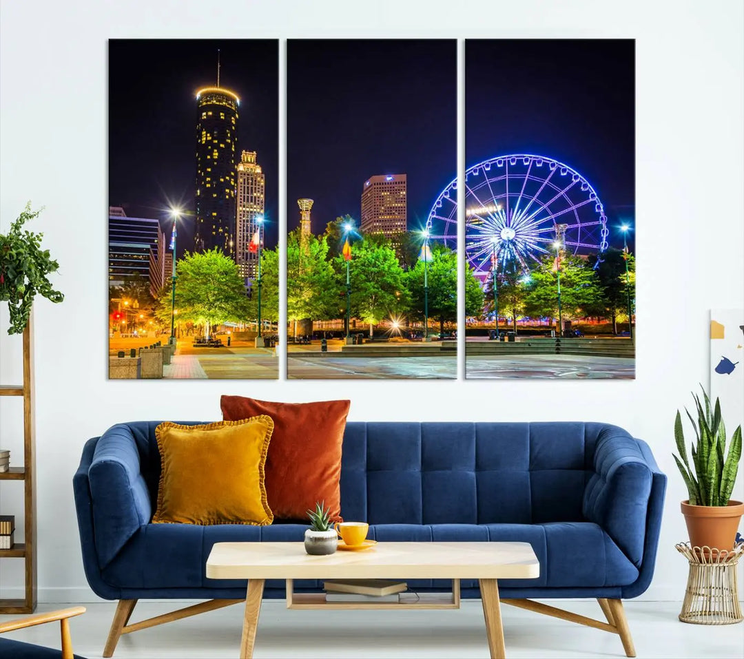 The Atlanta City Night Ferris Wheel Cityscape View Wall Art Canvas Print, crafted on museum-quality polycotton canvas with gallery-wrapped edges for an elegant finish, is beautifully displayed.