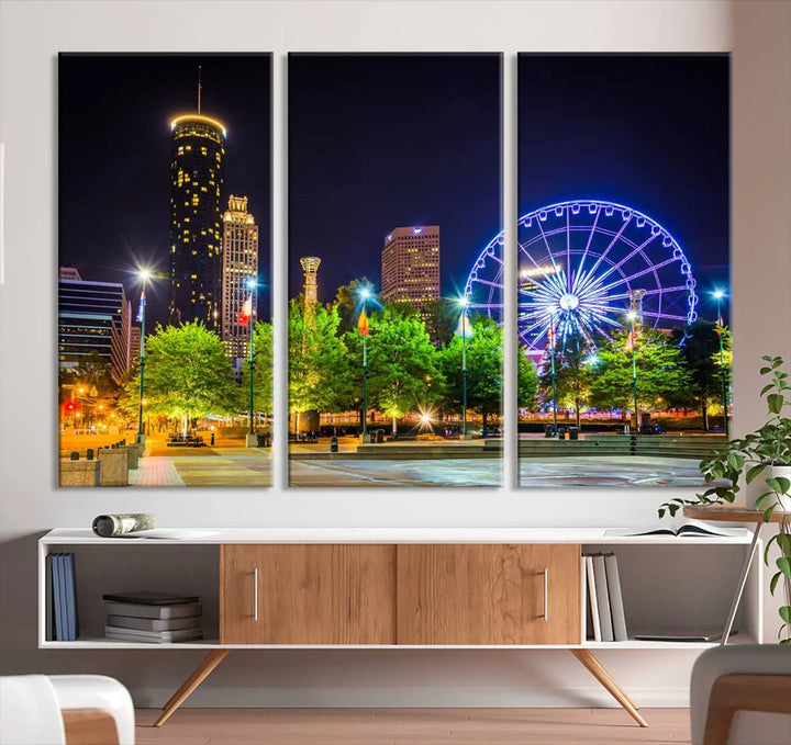 The Atlanta City Night Ferris Wheel Cityscape View Wall Art Canvas Print, crafted on museum-quality polycotton canvas with gallery-wrapped edges for an elegant finish, is beautifully displayed.