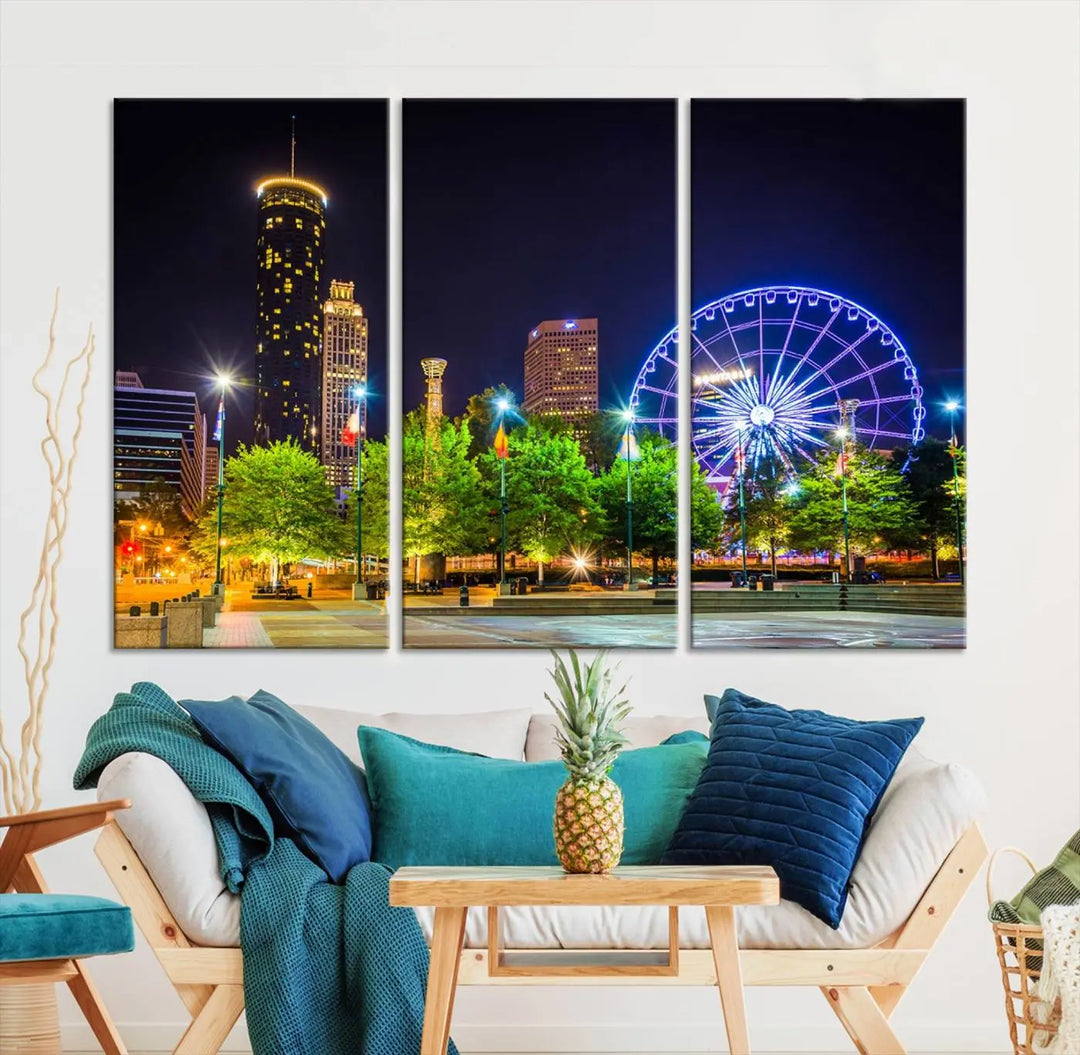 The Atlanta City Night Ferris Wheel Cityscape View Wall Art Canvas Print, crafted on museum-quality polycotton canvas with gallery-wrapped edges for an elegant finish, is beautifully displayed.