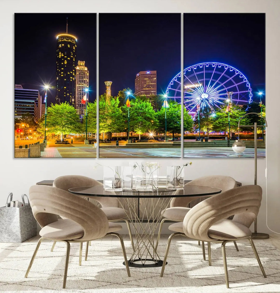 The Atlanta City Night Ferris Wheel Cityscape View Wall Art Canvas Print, crafted on museum-quality polycotton canvas with gallery-wrapped edges for an elegant finish, is beautifully displayed.