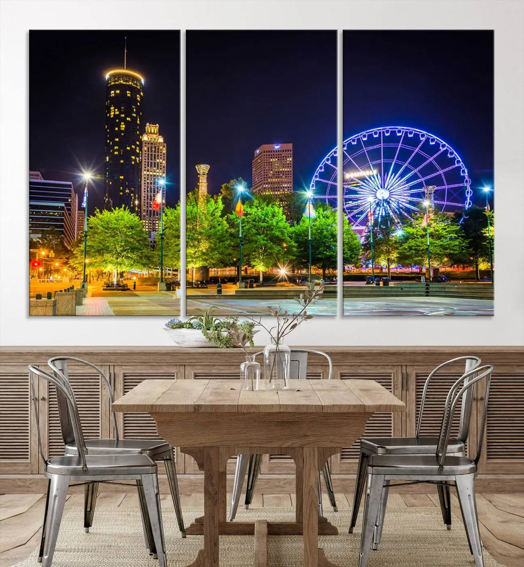 The Atlanta City Night Ferris Wheel Cityscape View Wall Art Canvas Print, crafted on museum-quality polycotton canvas with gallery-wrapped edges for an elegant finish, is beautifully displayed.