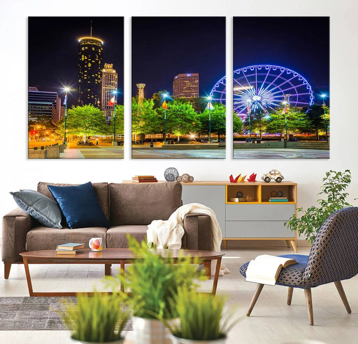 The Atlanta City Night Ferris Wheel Cityscape View Wall Art Canvas Print, crafted on museum-quality polycotton canvas with gallery-wrapped edges for an elegant finish, is beautifully displayed.