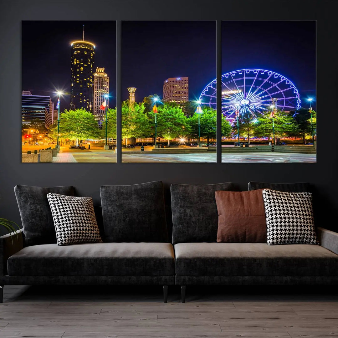 The Atlanta City Night Ferris Wheel Cityscape View Wall Art Canvas Print, crafted on museum-quality polycotton canvas with gallery-wrapped edges for an elegant finish, is beautifully displayed.