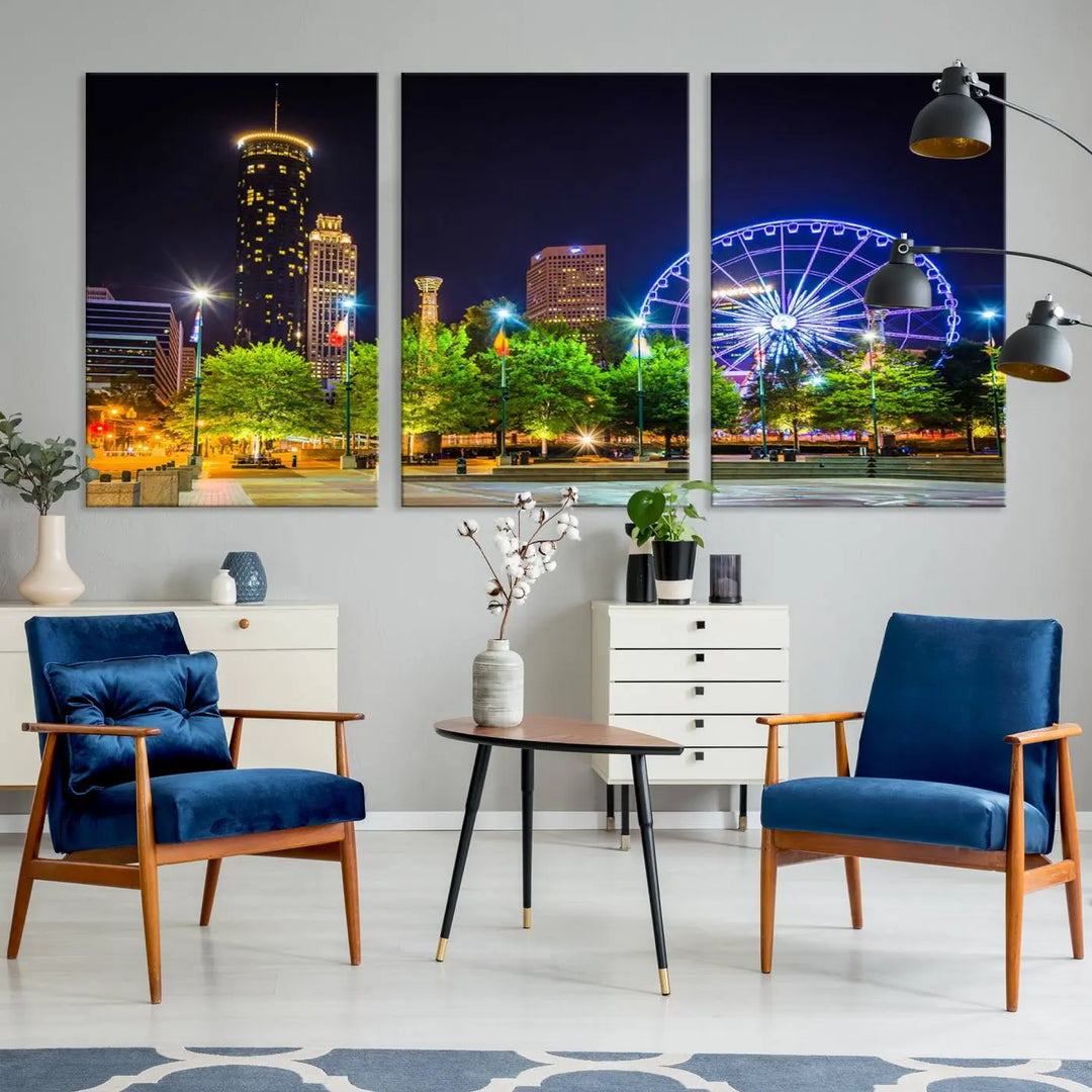 The Atlanta City Night Ferris Wheel Cityscape View Wall Art Canvas Print, crafted on museum-quality polycotton canvas with gallery-wrapped edges for an elegant finish, is beautifully displayed.