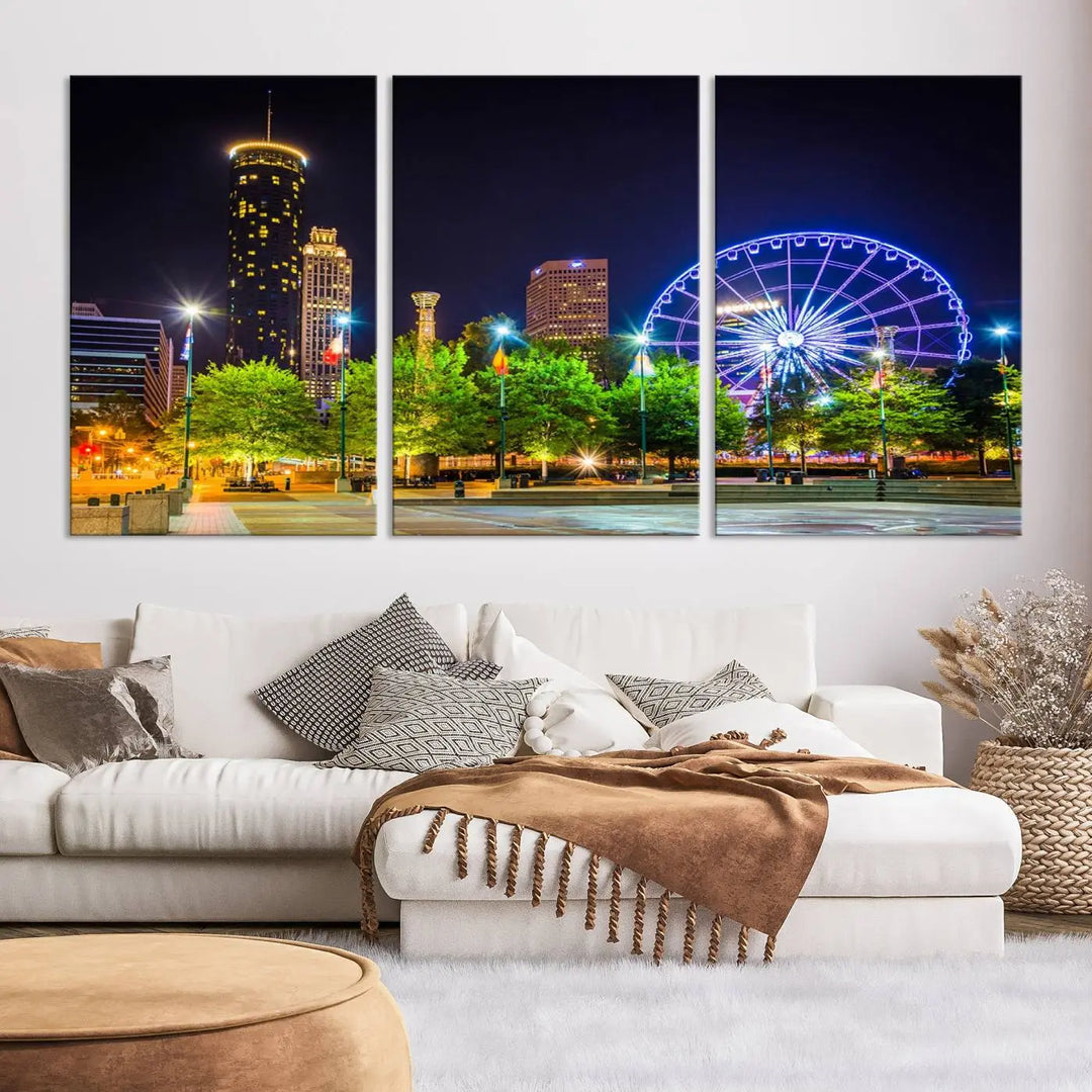 The Atlanta City Night Ferris Wheel Cityscape View Wall Art Canvas Print, crafted on museum-quality polycotton canvas with gallery-wrapped edges for an elegant finish, is beautifully displayed.