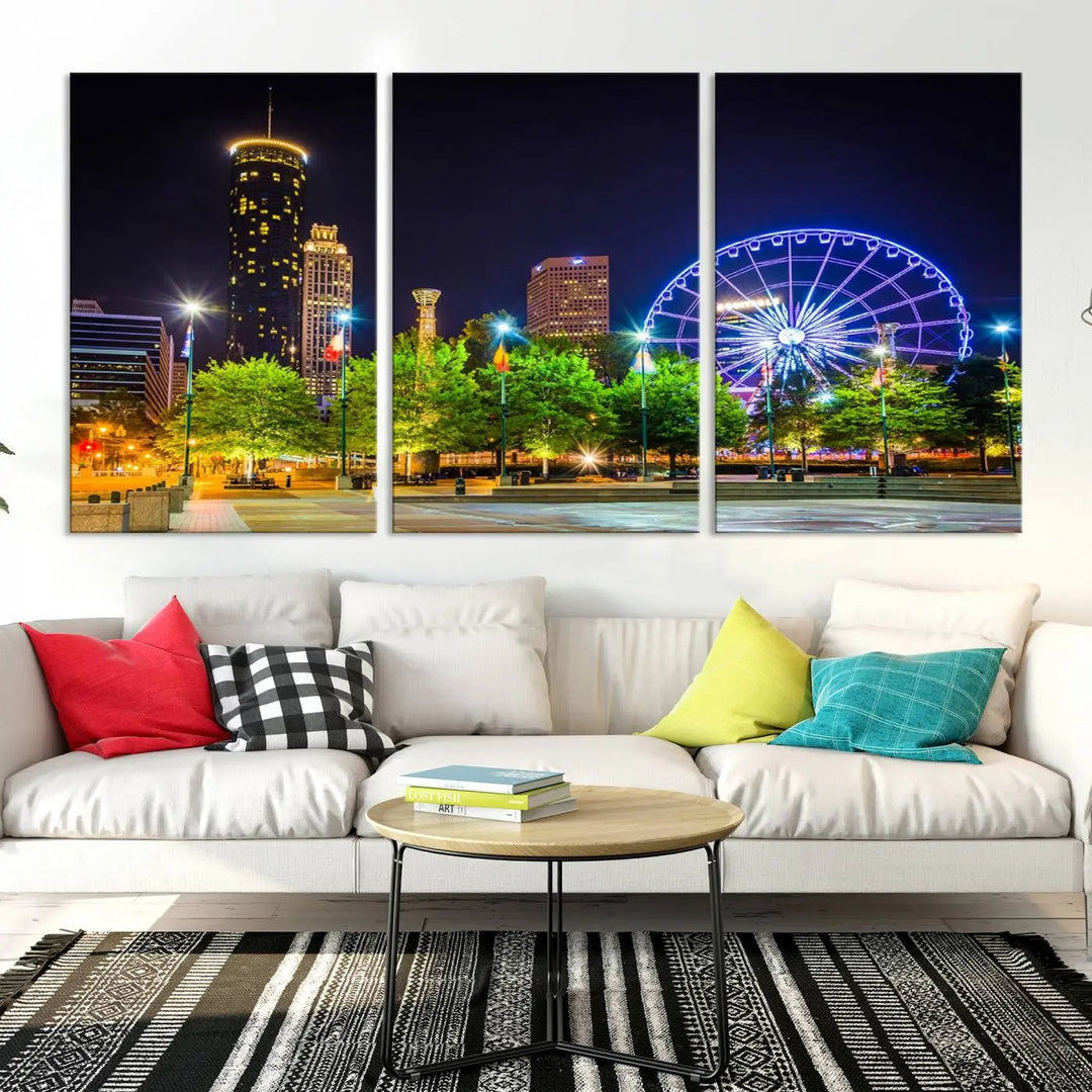 The Atlanta City Night Ferris Wheel Cityscape View Wall Art Canvas Print, crafted on museum-quality polycotton canvas with gallery-wrapped edges for an elegant finish, is beautifully displayed.