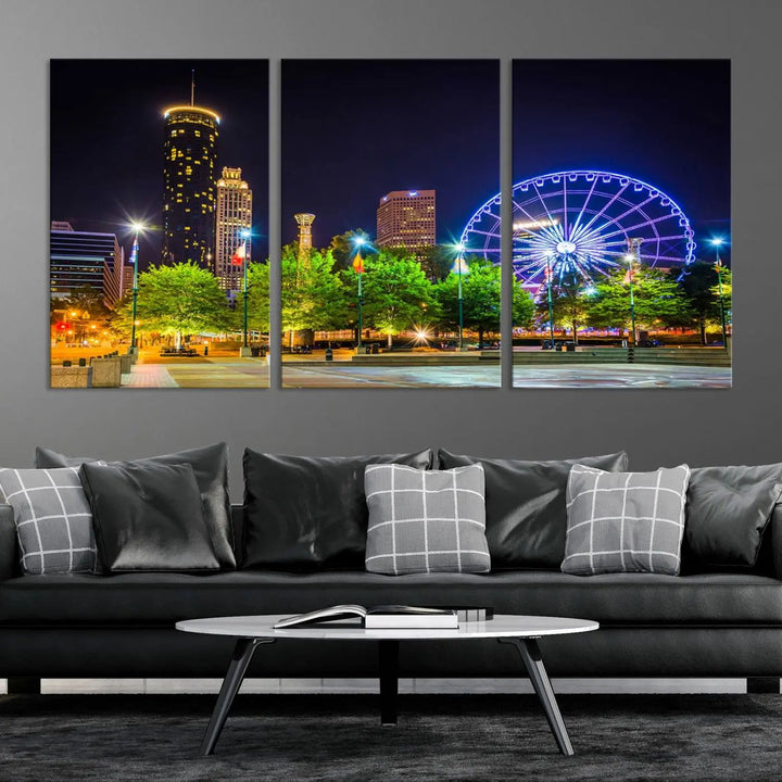 The Atlanta City Night Ferris Wheel Cityscape View Wall Art Canvas Print, crafted on museum-quality polycotton canvas with gallery-wrapped edges for an elegant finish, is beautifully displayed.