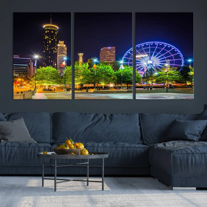 The Atlanta City Night Ferris Wheel Cityscape View Wall Art Canvas Print, crafted on museum-quality polycotton canvas with gallery-wrapped edges for an elegant finish, is beautifully displayed.