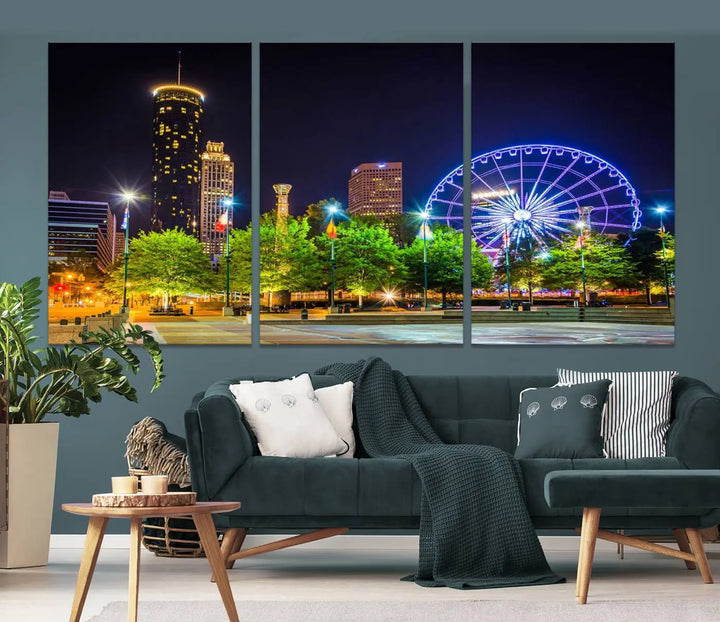 The Atlanta City Night Ferris Wheel Cityscape View Wall Art Canvas Print, crafted on museum-quality polycotton canvas with gallery-wrapped edges for an elegant finish, is beautifully displayed.