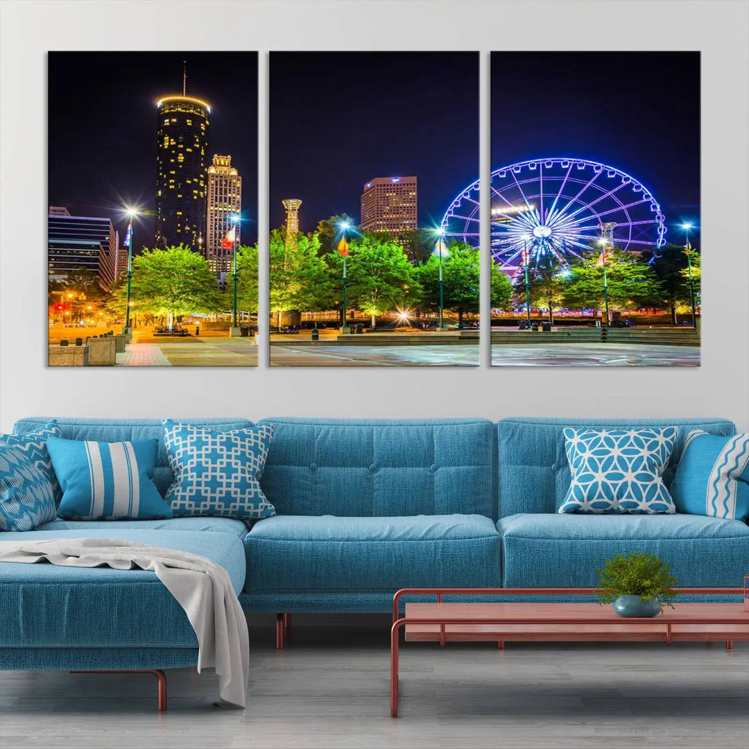 The Atlanta City Night Ferris Wheel Cityscape View Wall Art Canvas Print, crafted on museum-quality polycotton canvas with gallery-wrapped edges for an elegant finish, is beautifully displayed.