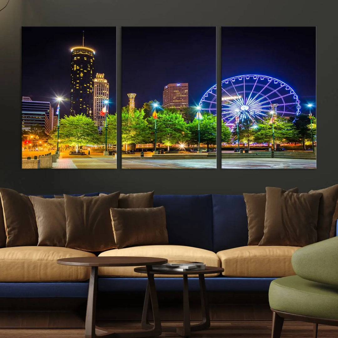 The Atlanta City Night Ferris Wheel Cityscape View Wall Art Canvas Print, crafted on museum-quality polycotton canvas with gallery-wrapped edges for an elegant finish, is beautifully displayed.