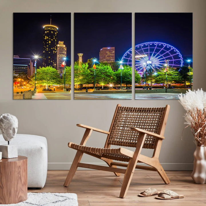 The Atlanta City Night Ferris Wheel Cityscape View Wall Art Canvas Print, crafted on museum-quality polycotton canvas with gallery-wrapped edges for an elegant finish, is beautifully displayed.