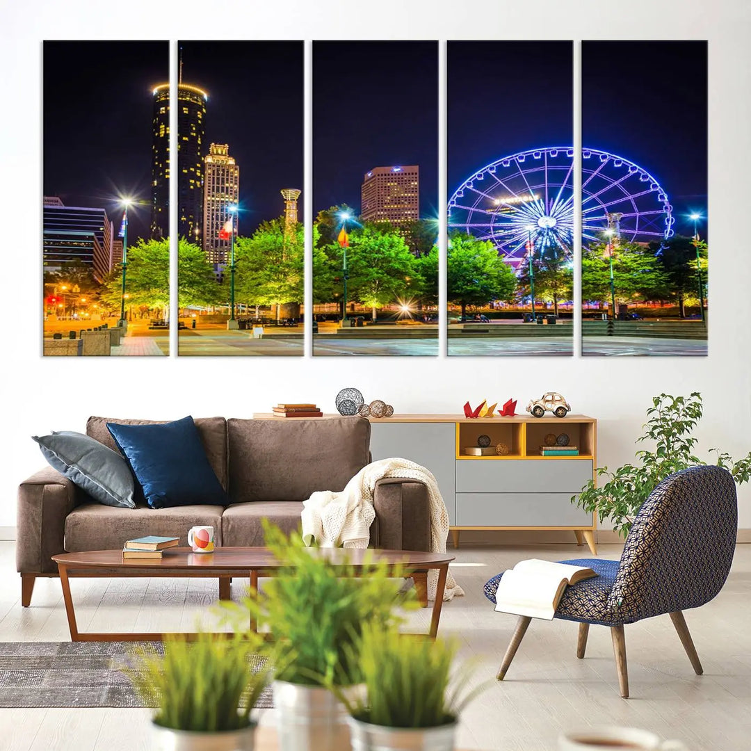 The Atlanta City Night Ferris Wheel Cityscape View Wall Art Canvas Print, crafted on museum-quality polycotton canvas with gallery-wrapped edges for an elegant finish, is beautifully displayed.