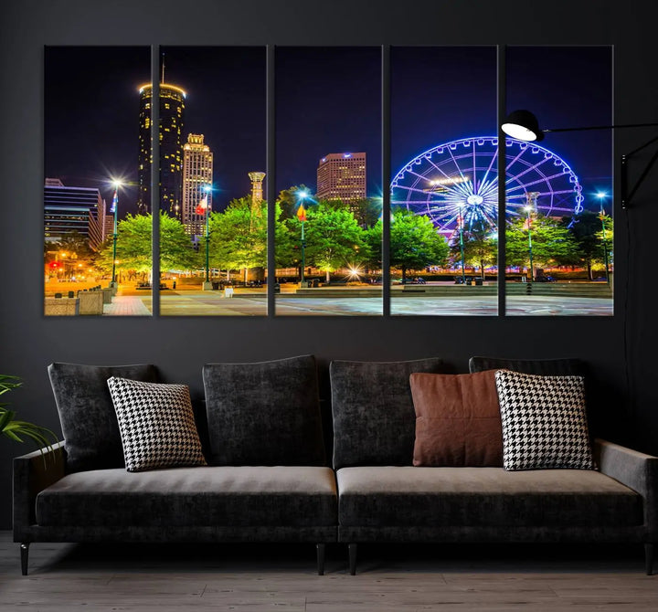 The Atlanta City Night Ferris Wheel Cityscape View Wall Art Canvas Print, crafted on museum-quality polycotton canvas with gallery-wrapped edges for an elegant finish, is beautifully displayed.