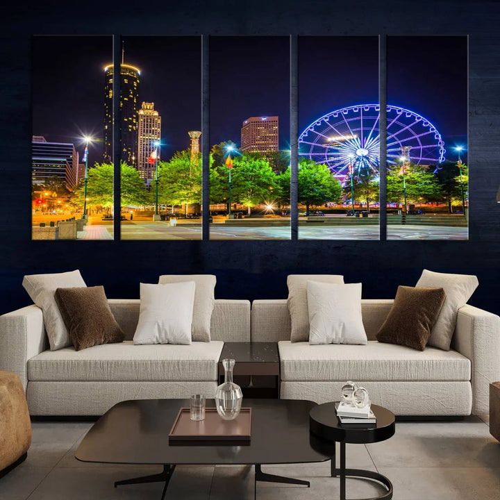 The Atlanta City Night Ferris Wheel Cityscape View Wall Art Canvas Print, crafted on museum-quality polycotton canvas with gallery-wrapped edges for an elegant finish, is beautifully displayed.