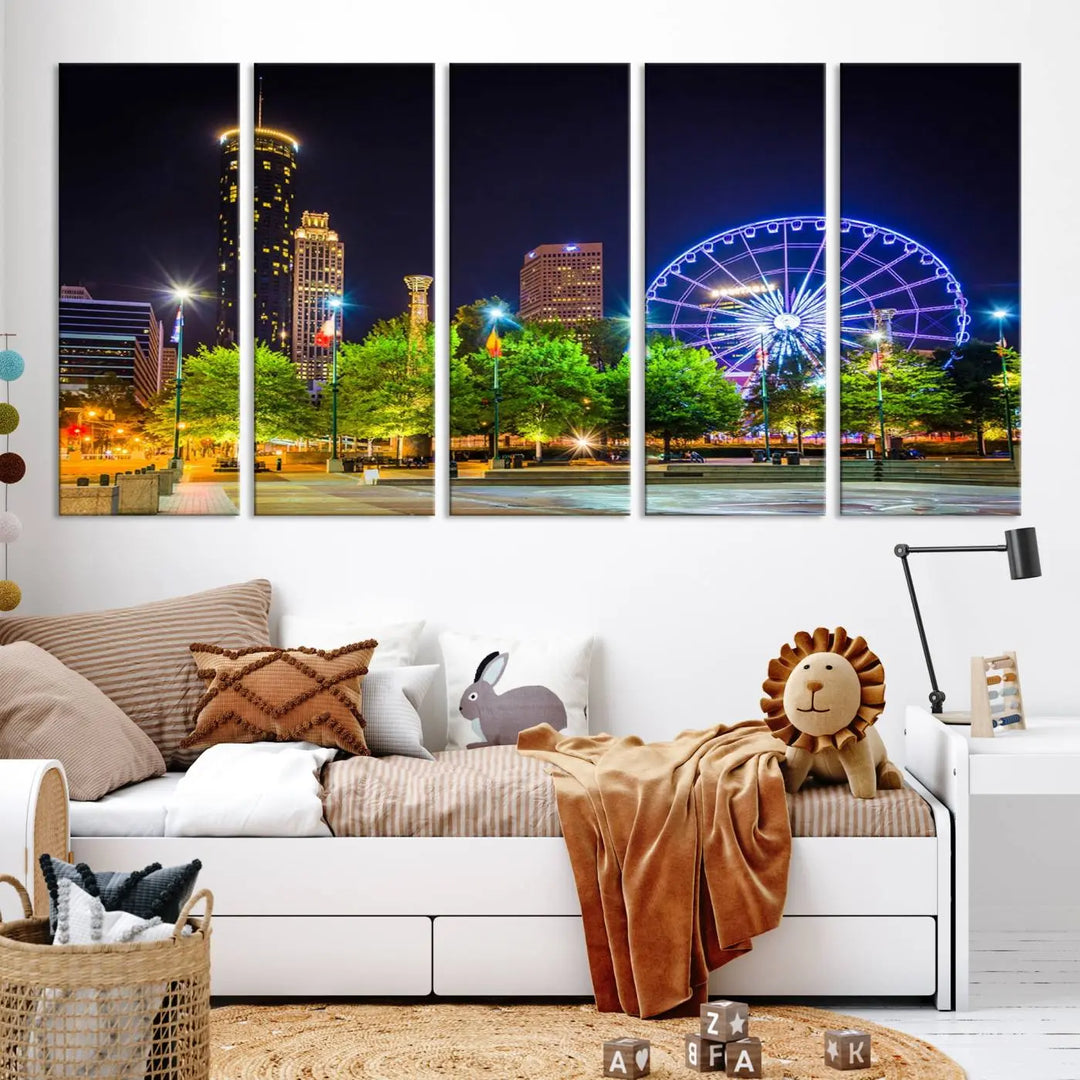 The Atlanta City Night Ferris Wheel Cityscape View Wall Art Canvas Print, crafted on museum-quality polycotton canvas with gallery-wrapped edges for an elegant finish, is beautifully displayed.