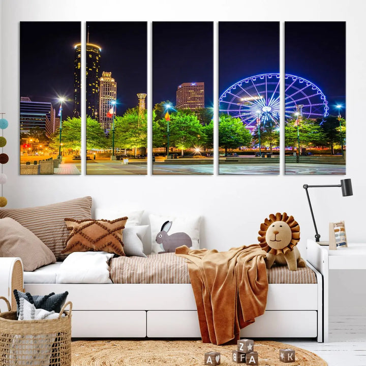 The Atlanta City Night Ferris Wheel Cityscape View Wall Art Canvas Print, crafted on museum-quality polycotton canvas with gallery-wrapped edges for an elegant finish, is beautifully displayed.