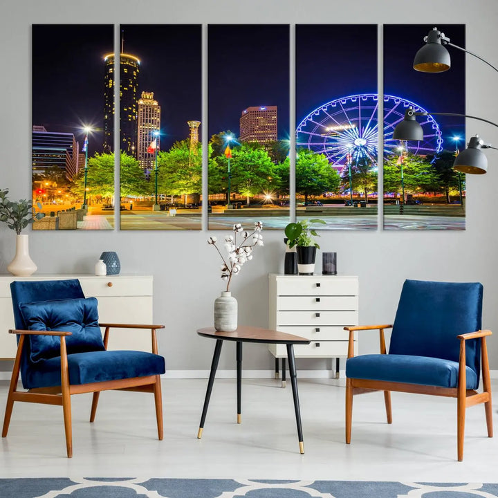 The Atlanta City Night Ferris Wheel Cityscape View Wall Art Canvas Print, crafted on museum-quality polycotton canvas with gallery-wrapped edges for an elegant finish, is beautifully displayed.