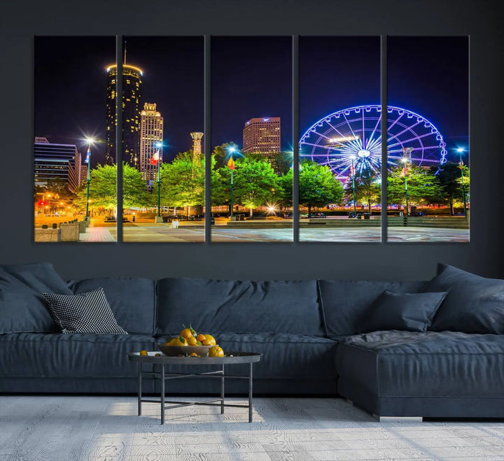 The Atlanta City Night Ferris Wheel Cityscape View Wall Art Canvas Print, crafted on museum-quality polycotton canvas with gallery-wrapped edges for an elegant finish, is beautifully displayed.