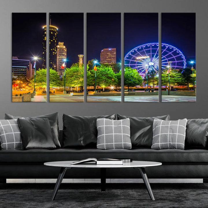 The Atlanta City Night Ferris Wheel Cityscape View Wall Art Canvas Print, crafted on museum-quality polycotton canvas with gallery-wrapped edges for an elegant finish, is beautifully displayed.