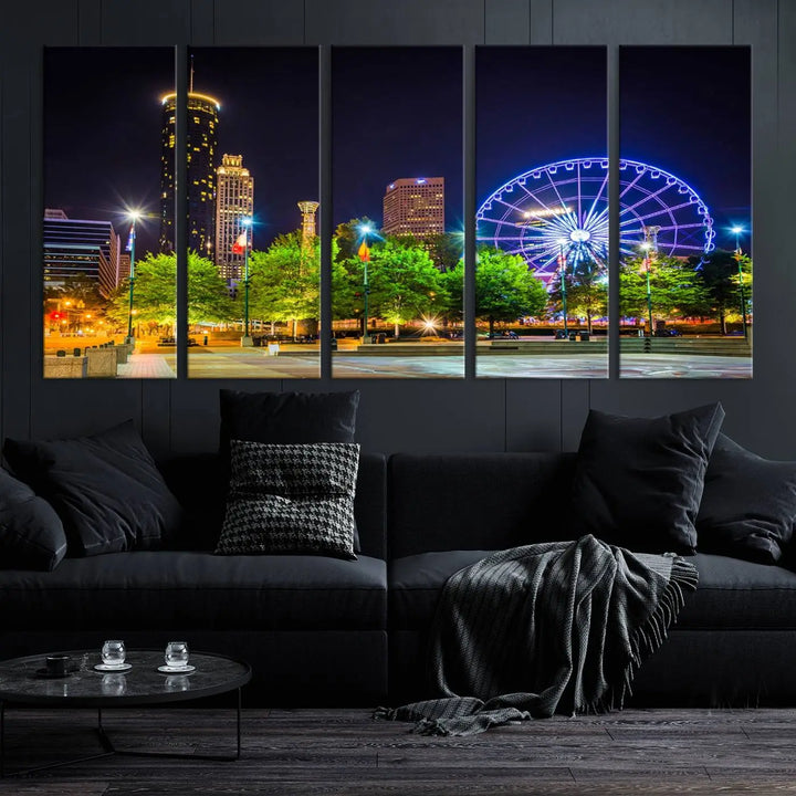 The Atlanta City Night Ferris Wheel Cityscape View Wall Art Canvas Print, crafted on museum-quality polycotton canvas with gallery-wrapped edges for an elegant finish, is beautifully displayed.