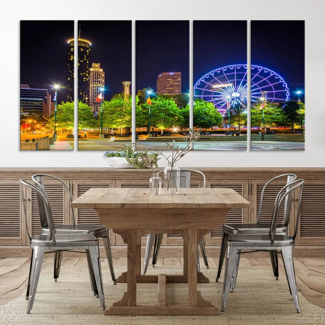 The Atlanta City Night Ferris Wheel Cityscape View Wall Art Canvas Print, crafted on museum-quality polycotton canvas with gallery-wrapped edges for an elegant finish, is beautifully displayed.