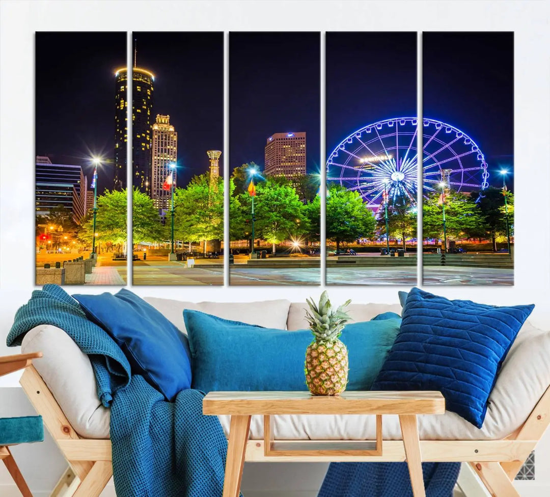 The Atlanta City Night Ferris Wheel Cityscape View Wall Art Canvas Print, crafted on museum-quality polycotton canvas with gallery-wrapped edges for an elegant finish, is beautifully displayed.