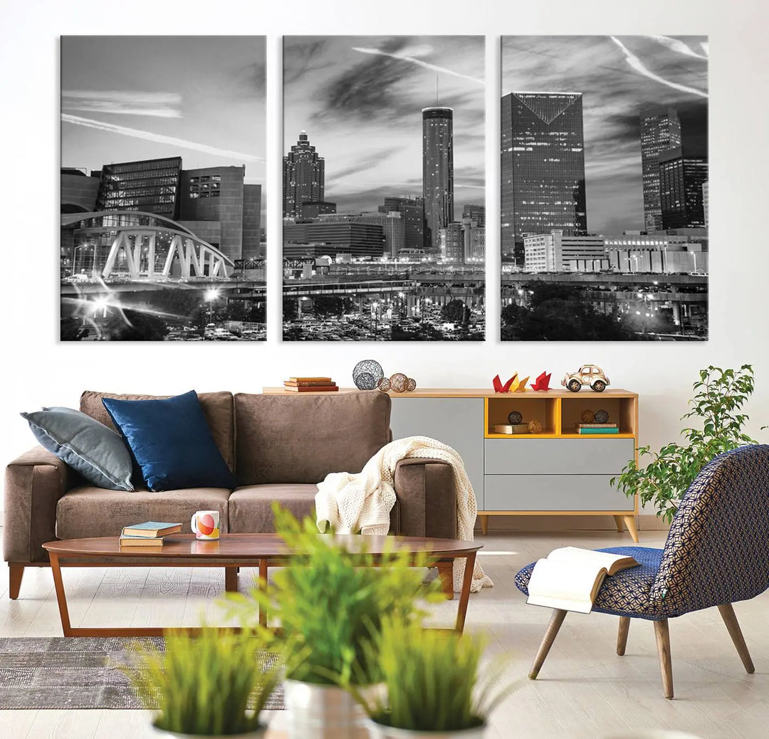 The Atlanta City Skyline Black and White Wall Art Canvas Print is a highlight in the room. This museum-quality canvas comes ready to hang and features a UV-protective coating, ensuring it remains stylish and durable over time.