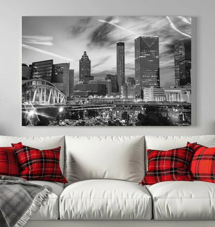 The Atlanta City Skyline Black and White Wall Art Canvas Print is a highlight in the room. This museum-quality canvas comes ready to hang and features a UV-protective coating, ensuring it remains stylish and durable over time.