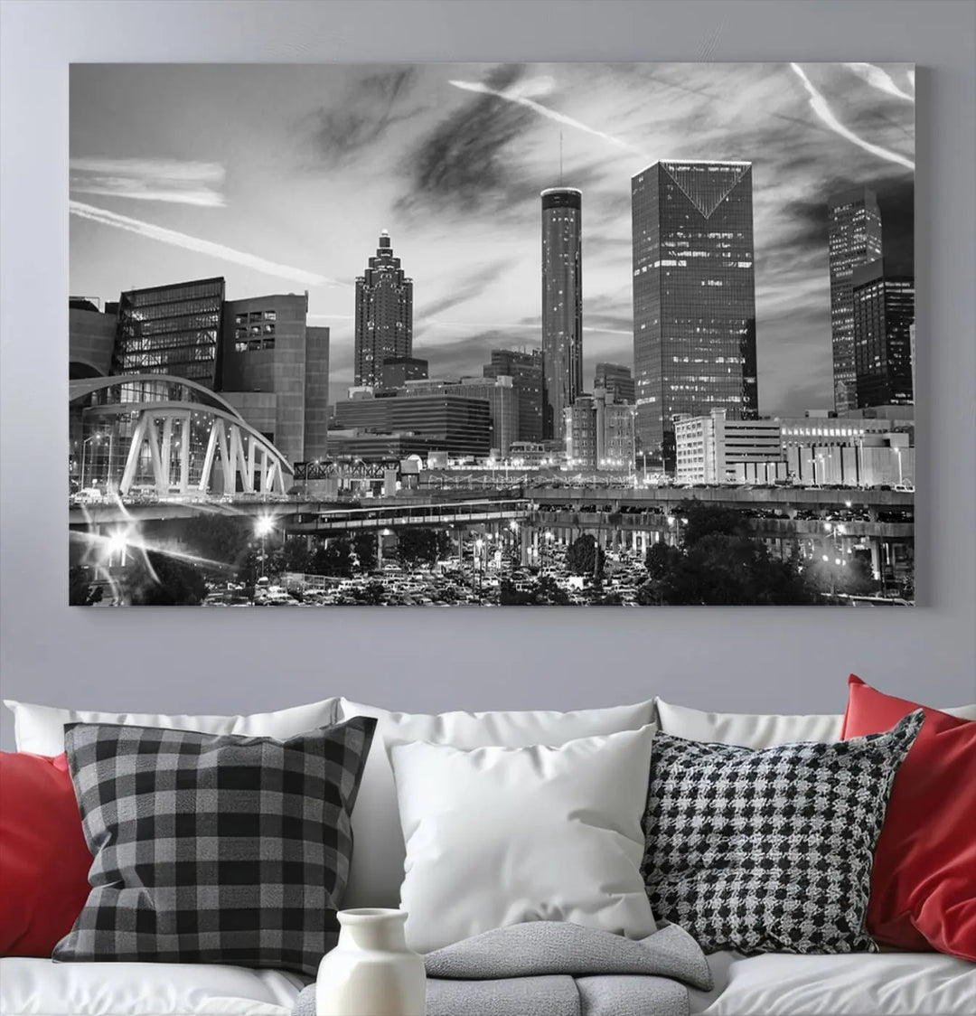 The Atlanta City Skyline Black and White Wall Art Canvas Print is a highlight in the room. This museum-quality canvas comes ready to hang and features a UV-protective coating, ensuring it remains stylish and durable over time.