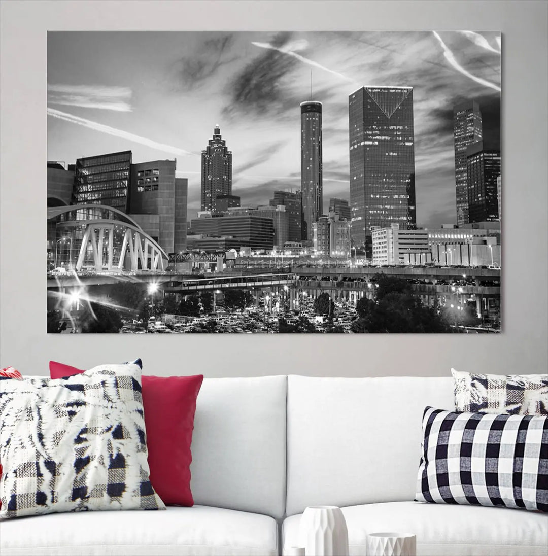 The Atlanta City Skyline Black and White Wall Art Canvas Print is a highlight in the room. This museum-quality canvas comes ready to hang and features a UV-protective coating, ensuring it remains stylish and durable over time.