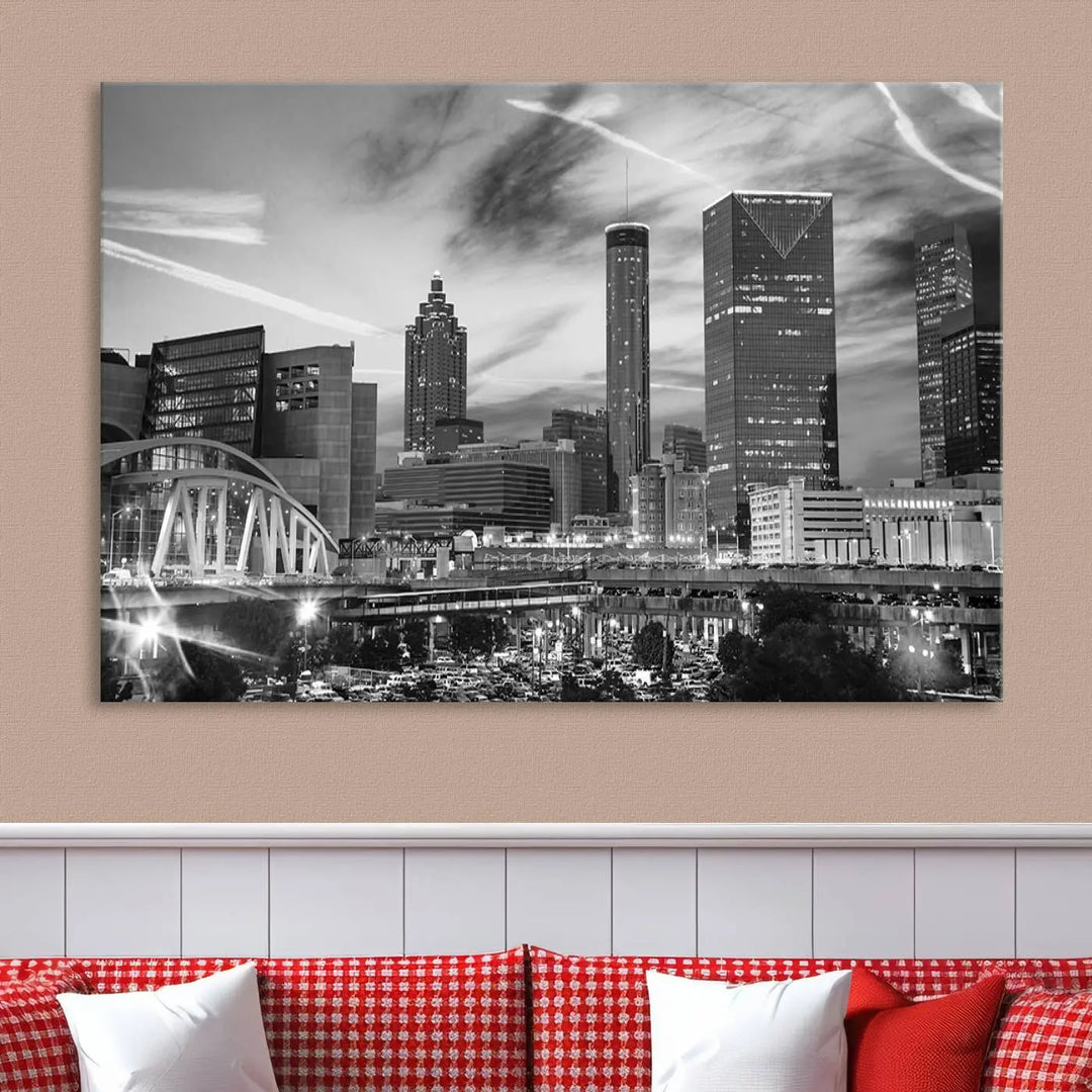 The Atlanta City Skyline Black and White Wall Art Canvas Print is a highlight in the room. This museum-quality canvas comes ready to hang and features a UV-protective coating, ensuring it remains stylish and durable over time.