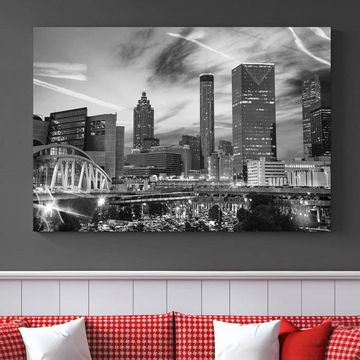 The Atlanta City Skyline Black and White Wall Art Canvas Print is a highlight in the room. This museum-quality canvas comes ready to hang and features a UV-protective coating, ensuring it remains stylish and durable over time.