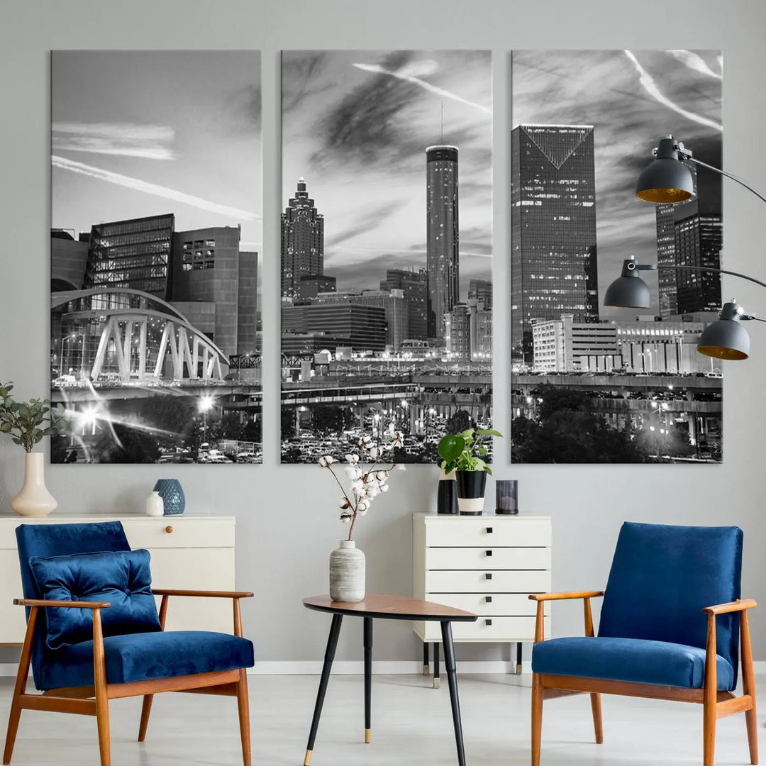 The Atlanta City Skyline Black and White Wall Art Canvas Print is a highlight in the room. This museum-quality canvas comes ready to hang and features a UV-protective coating, ensuring it remains stylish and durable over time.