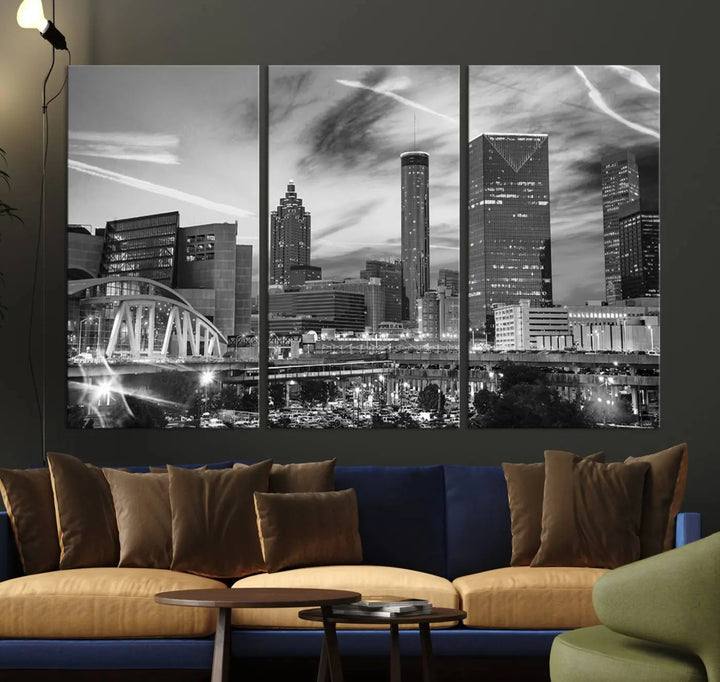 The Atlanta City Skyline Black and White Wall Art Canvas Print is a highlight in the room. This museum-quality canvas comes ready to hang and features a UV-protective coating, ensuring it remains stylish and durable over time.