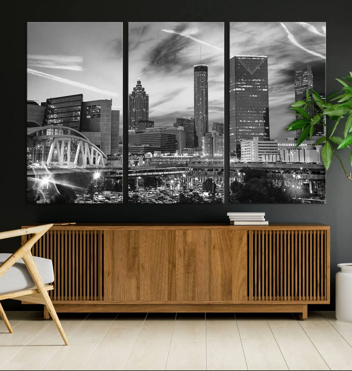 The Atlanta City Skyline Black and White Wall Art Canvas Print is a highlight in the room. This museum-quality canvas comes ready to hang and features a UV-protective coating, ensuring it remains stylish and durable over time.