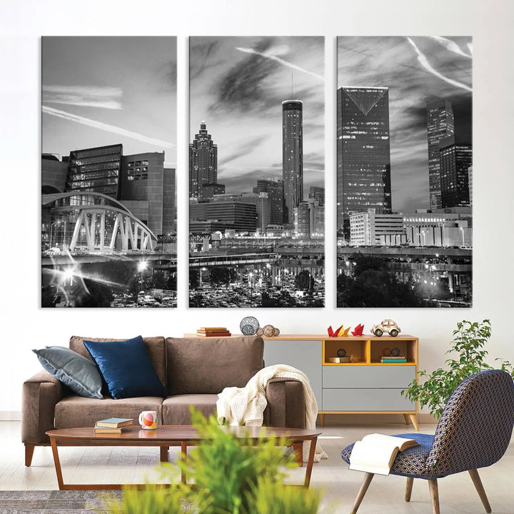 The Atlanta City Skyline Black and White Wall Art Canvas Print is a highlight in the room. This museum-quality canvas comes ready to hang and features a UV-protective coating, ensuring it remains stylish and durable over time.