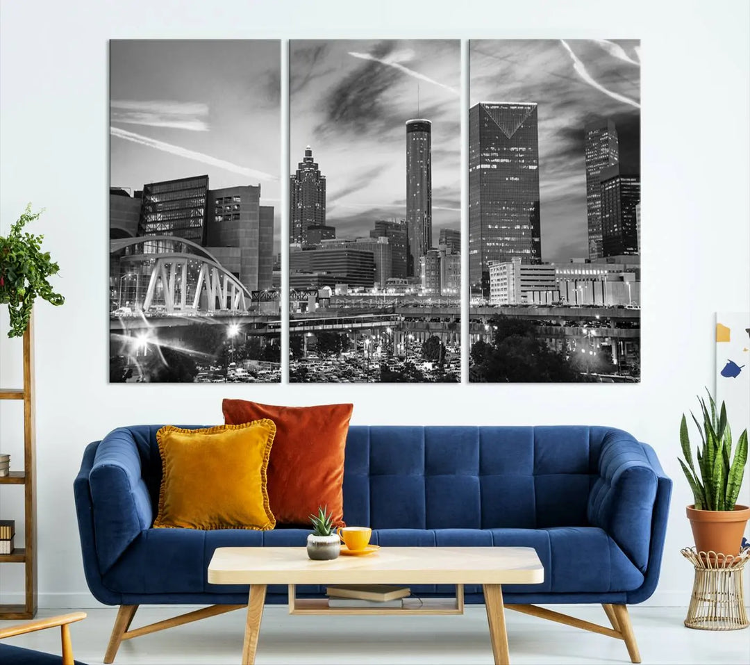 The Atlanta City Skyline Black and White Wall Art Canvas Print is a highlight in the room. This museum-quality canvas comes ready to hang and features a UV-protective coating, ensuring it remains stylish and durable over time.