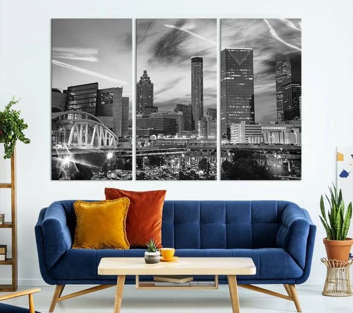 The Atlanta City Skyline Black and White Wall Art Canvas Print is a highlight in the room. This museum-quality canvas comes ready to hang and features a UV-protective coating, ensuring it remains stylish and durable over time.