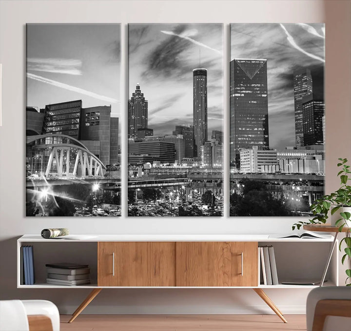 The Atlanta City Skyline Black and White Wall Art Canvas Print is a highlight in the room. This museum-quality canvas comes ready to hang and features a UV-protective coating, ensuring it remains stylish and durable over time.