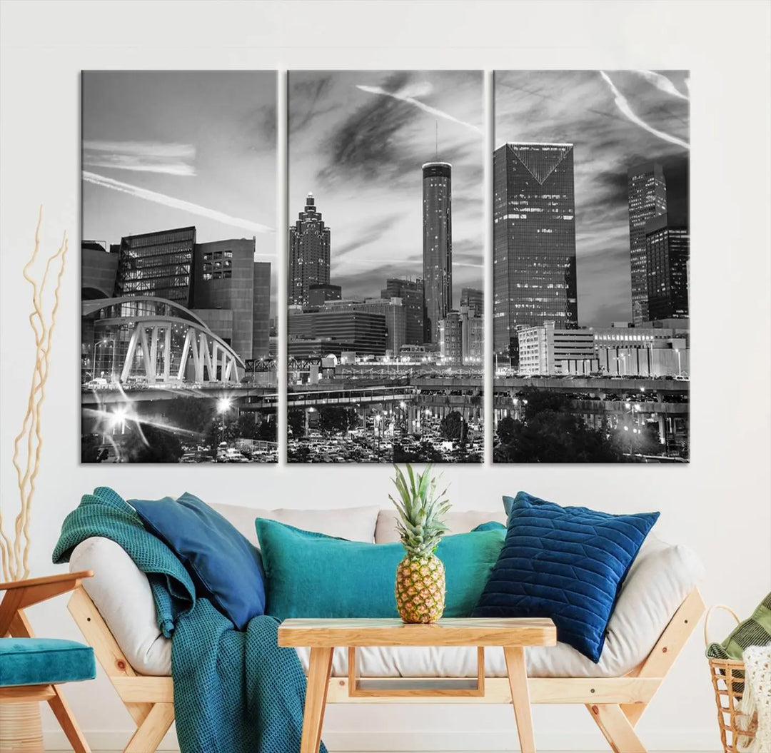 The Atlanta City Skyline Black and White Wall Art Canvas Print is a highlight in the room. This museum-quality canvas comes ready to hang and features a UV-protective coating, ensuring it remains stylish and durable over time.