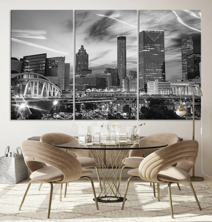 The Atlanta City Skyline Black and White Wall Art Canvas Print is a highlight in the room. This museum-quality canvas comes ready to hang and features a UV-protective coating, ensuring it remains stylish and durable over time.