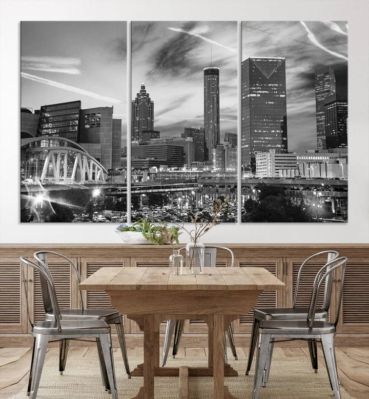 The Atlanta City Skyline Black and White Wall Art Canvas Print is a highlight in the room. This museum-quality canvas comes ready to hang and features a UV-protective coating, ensuring it remains stylish and durable over time.