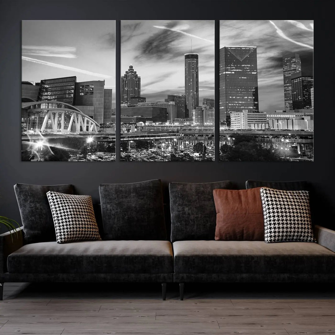 The Atlanta City Skyline Black and White Wall Art Canvas Print is a highlight in the room. This museum-quality canvas comes ready to hang and features a UV-protective coating, ensuring it remains stylish and durable over time.