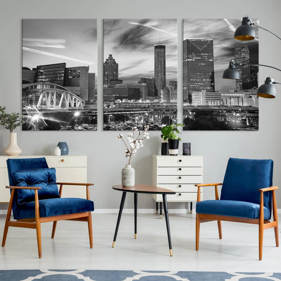 The Atlanta City Skyline Black and White Wall Art Canvas Print is a highlight in the room. This museum-quality canvas comes ready to hang and features a UV-protective coating, ensuring it remains stylish and durable over time.