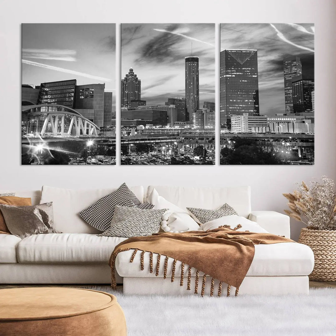 The Atlanta City Skyline Black and White Wall Art Canvas Print is a highlight in the room. This museum-quality canvas comes ready to hang and features a UV-protective coating, ensuring it remains stylish and durable over time.