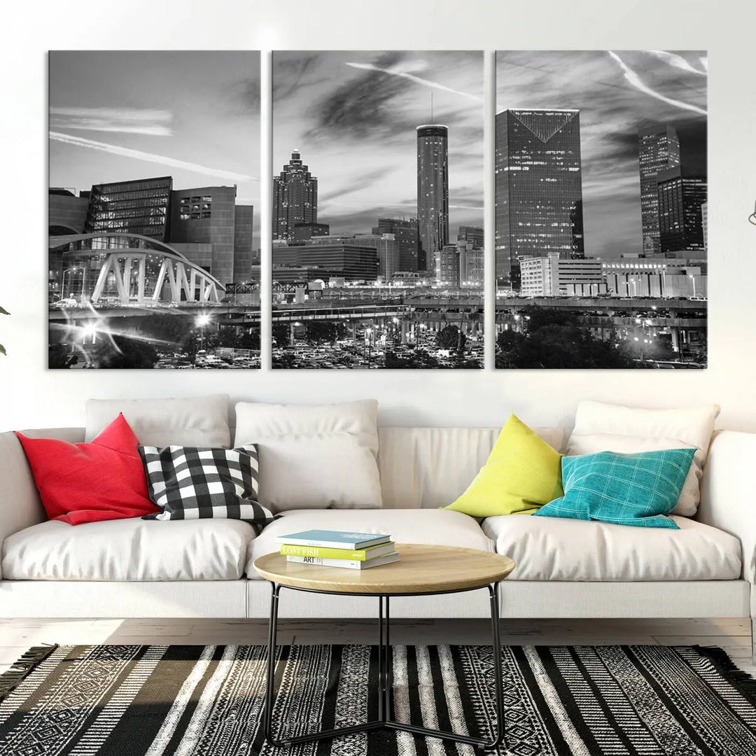 The Atlanta City Skyline Black and White Wall Art Canvas Print is a highlight in the room. This museum-quality canvas comes ready to hang and features a UV-protective coating, ensuring it remains stylish and durable over time.