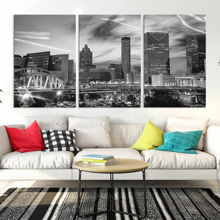 The Atlanta City Skyline Black and White Wall Art Canvas Print is a highlight in the room. This museum-quality canvas comes ready to hang and features a UV-protective coating, ensuring it remains stylish and durable over time.