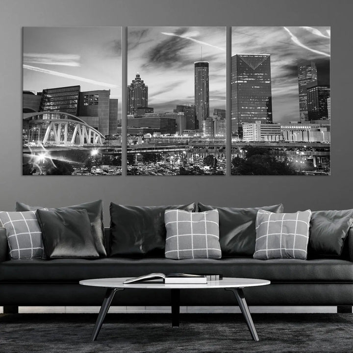 The Atlanta City Skyline Black and White Wall Art Canvas Print is a highlight in the room. This museum-quality canvas comes ready to hang and features a UV-protective coating, ensuring it remains stylish and durable over time.